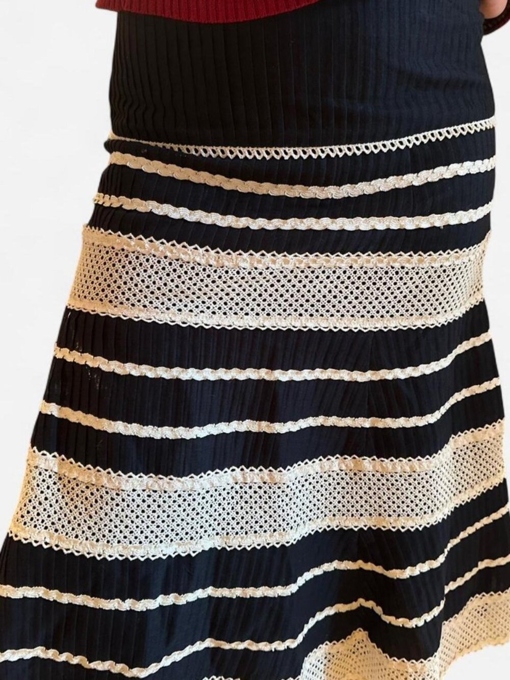 vintage nanette lepore black & white cottagecore midi skirt with ruffles & ribbi